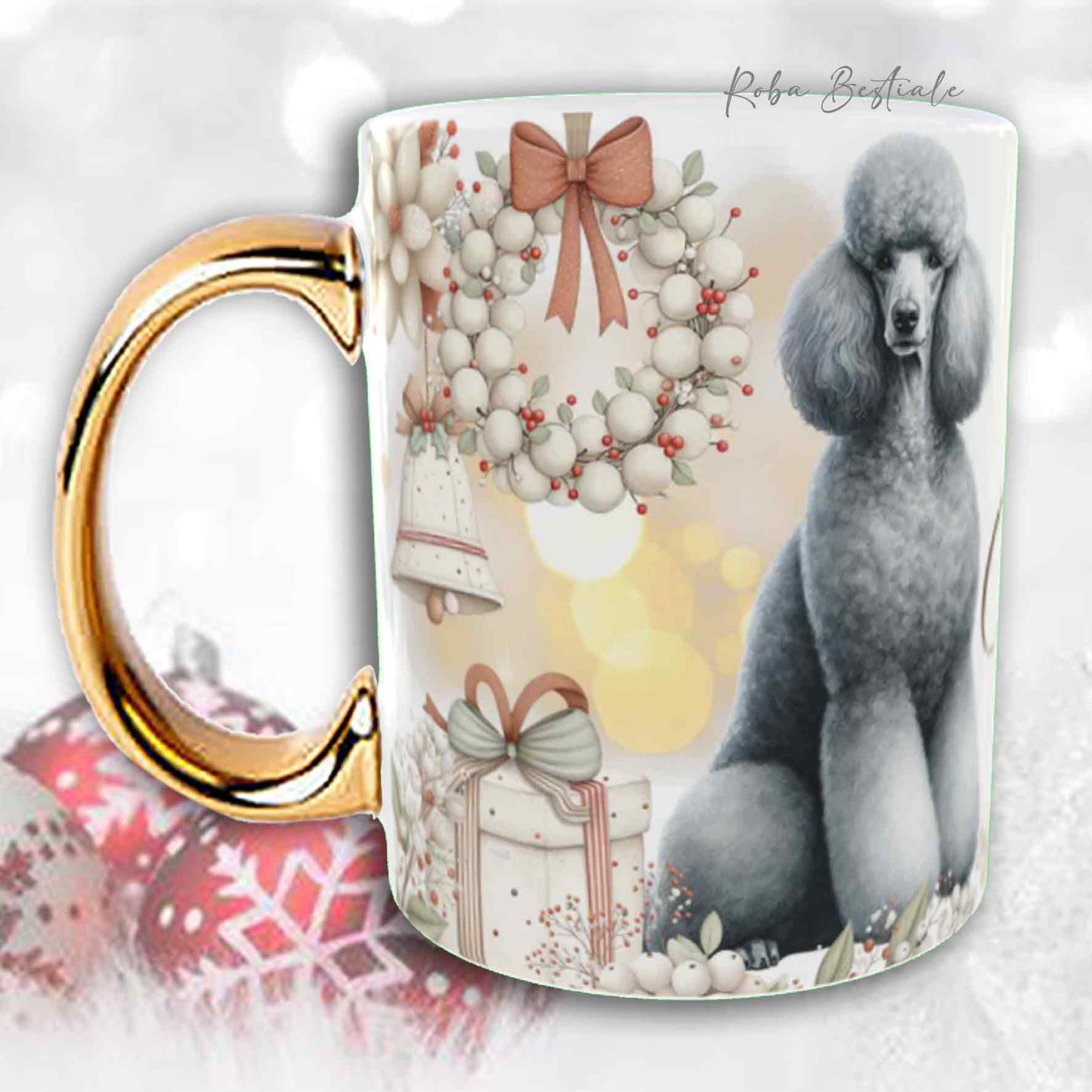 Tazza COZY WINTER - BARBONE Grande Mole Grigio Argento - In Ceramica, con manico color Oro - 330 ml