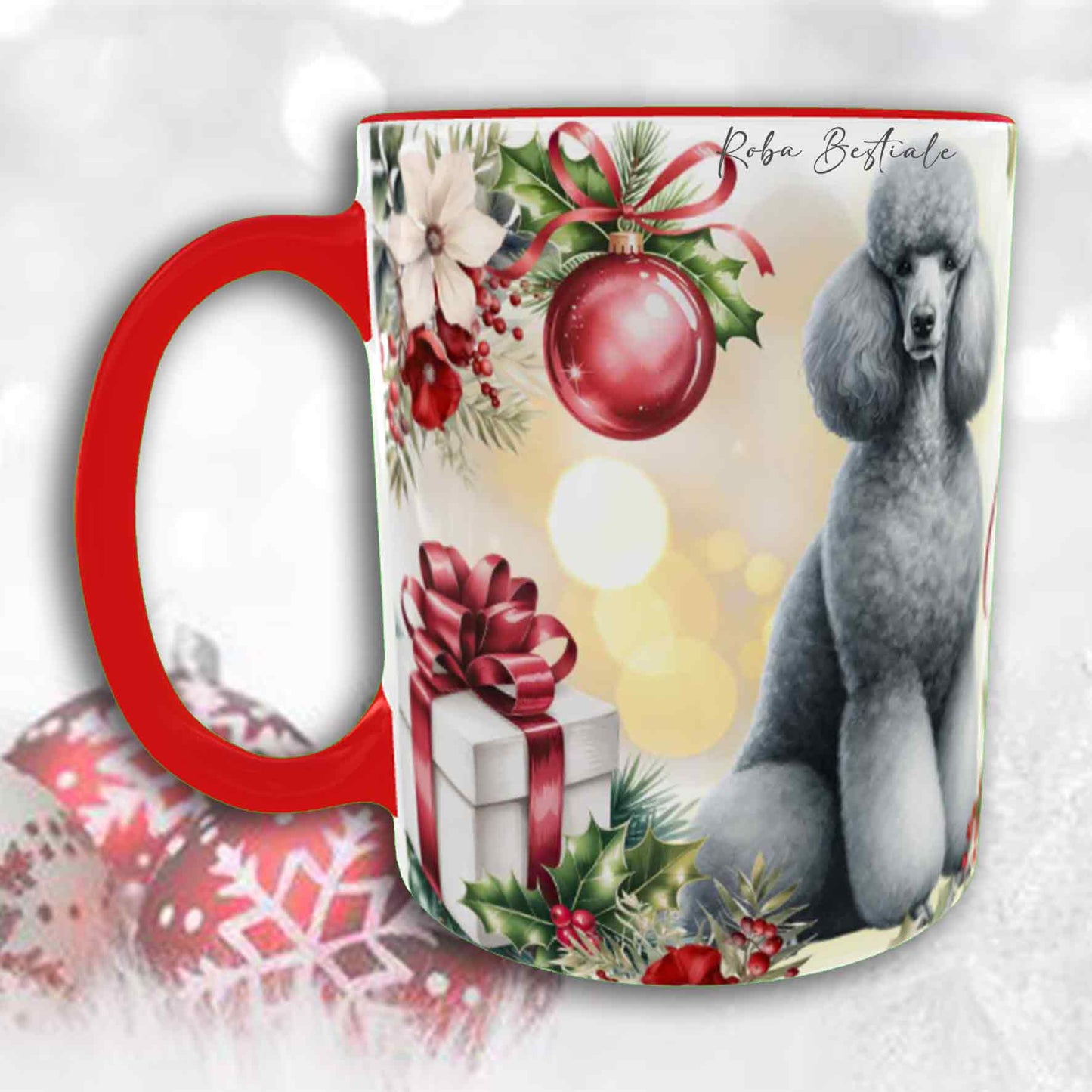 Tazza VINTAGE WINTER - BARBONE Grande Mole Grigio Argento - In Ceramica, con dettagli Rossi - 330 ml
