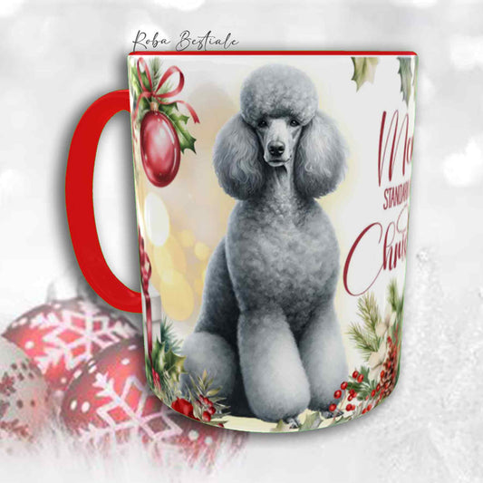 Tazza VINTAGE WINTER - BARBONE Grande Mole Grigio Argento - In Ceramica, con dettagli Rossi - 330 ml