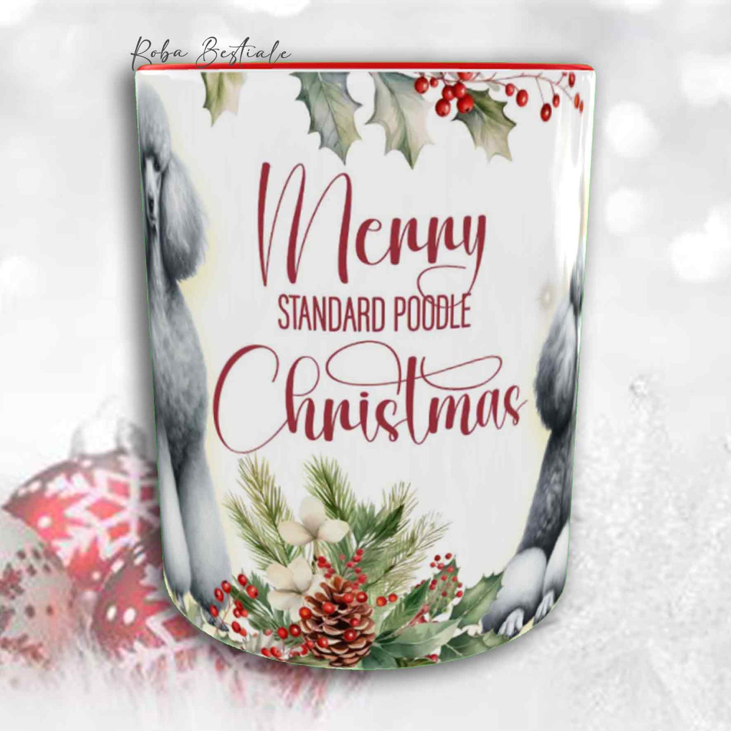 Tazza VINTAGE WINTER - BARBONE Grande Mole Grigio Argento - In Ceramica, con dettagli Rossi - 330 ml