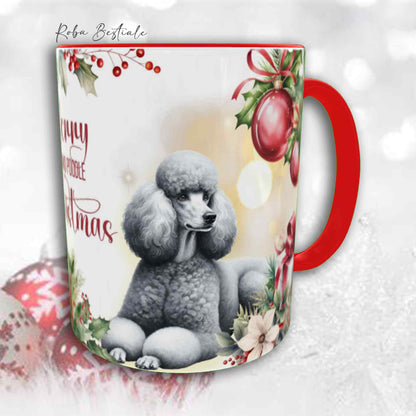 Tazza VINTAGE WINTER - BARBONE Grande Mole Grigio Argento - In Ceramica, con dettagli Rossi - 330 ml