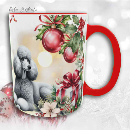 Tazza VINTAGE WINTER - BARBONE Grande Mole Grigio Argento - In Ceramica, con dettagli Rossi - 330 ml