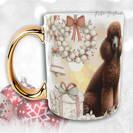 Tazza COZY WINTER - BARBONE Grande Mole Marrone - In Ceramica, con manico color Oro - 330 ml