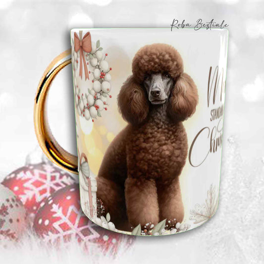 Tazza COZY WINTER - BARBONE Grande Mole Marrone - In Ceramica, con manico color Oro - 330 ml