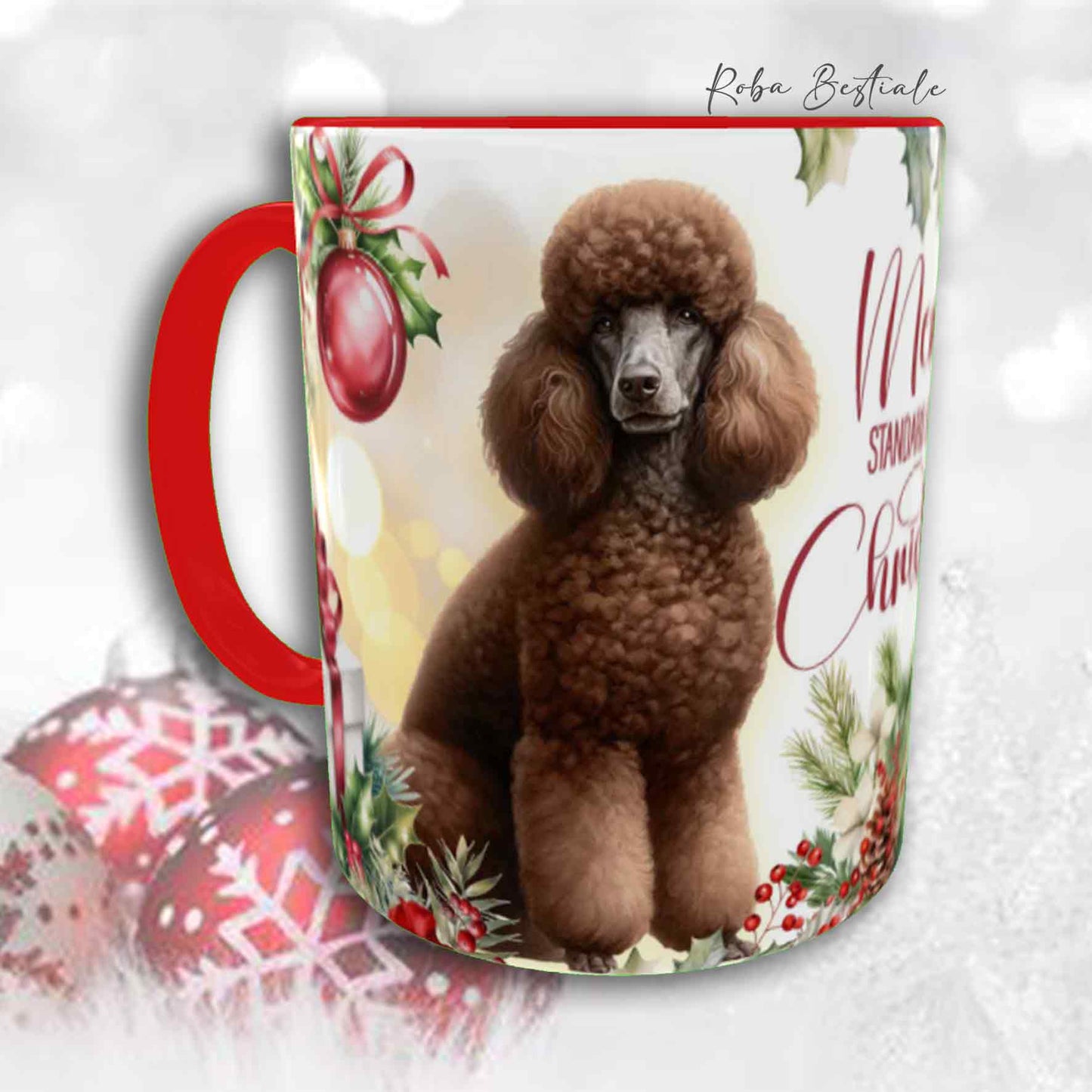 Tazza VINTAGE WINTER - BARBONE Grande Mole Marrone - In Ceramica, con dettagli Rossi - 330 ml