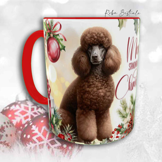 Tazza VINTAGE WINTER - BARBONE Grande Mole Marrone - In Ceramica, con dettagli Rossi - 330 ml