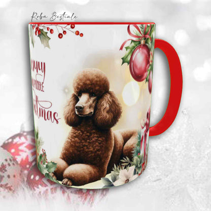 Tazza VINTAGE WINTER - BARBONE Grande Mole Marrone - In Ceramica, con dettagli Rossi - 330 ml