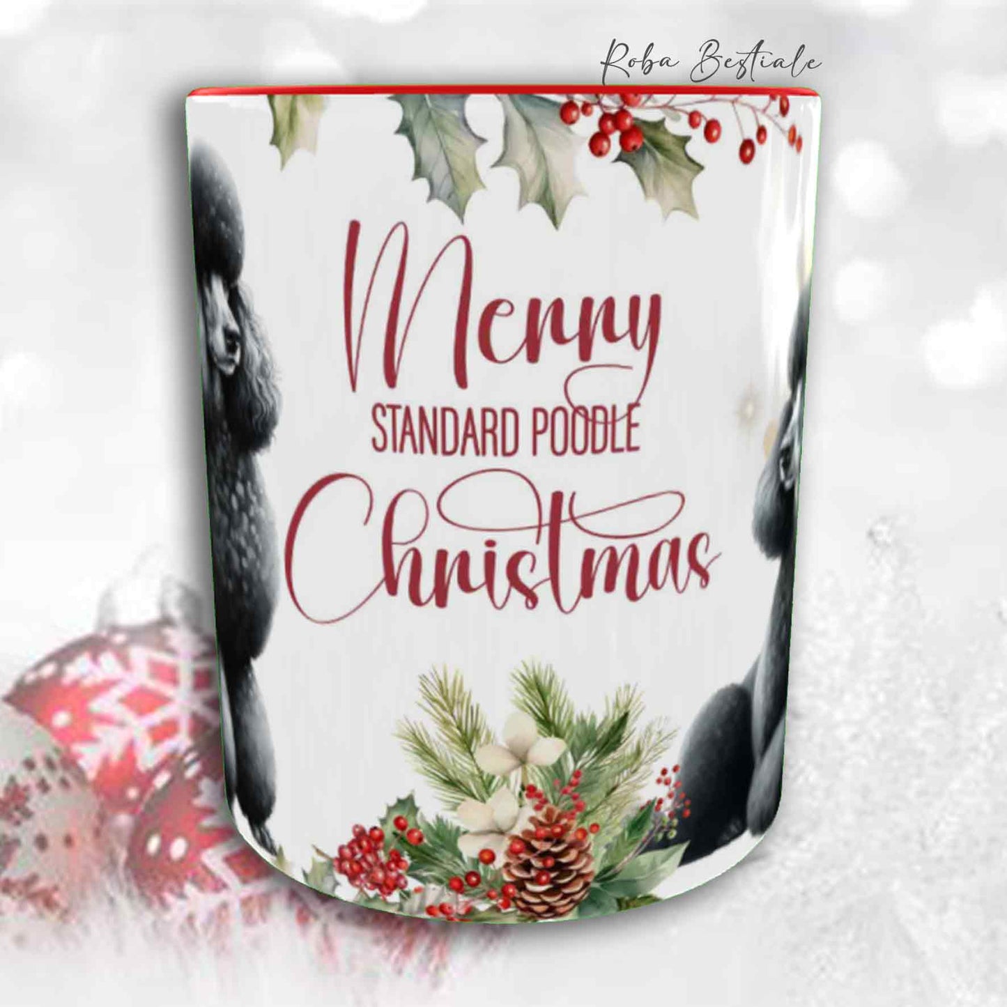 Tazza VINTAGE WINTER - BARBONE Grande Mole Nero - In Ceramica, con dettagli Rossi - 330 ml