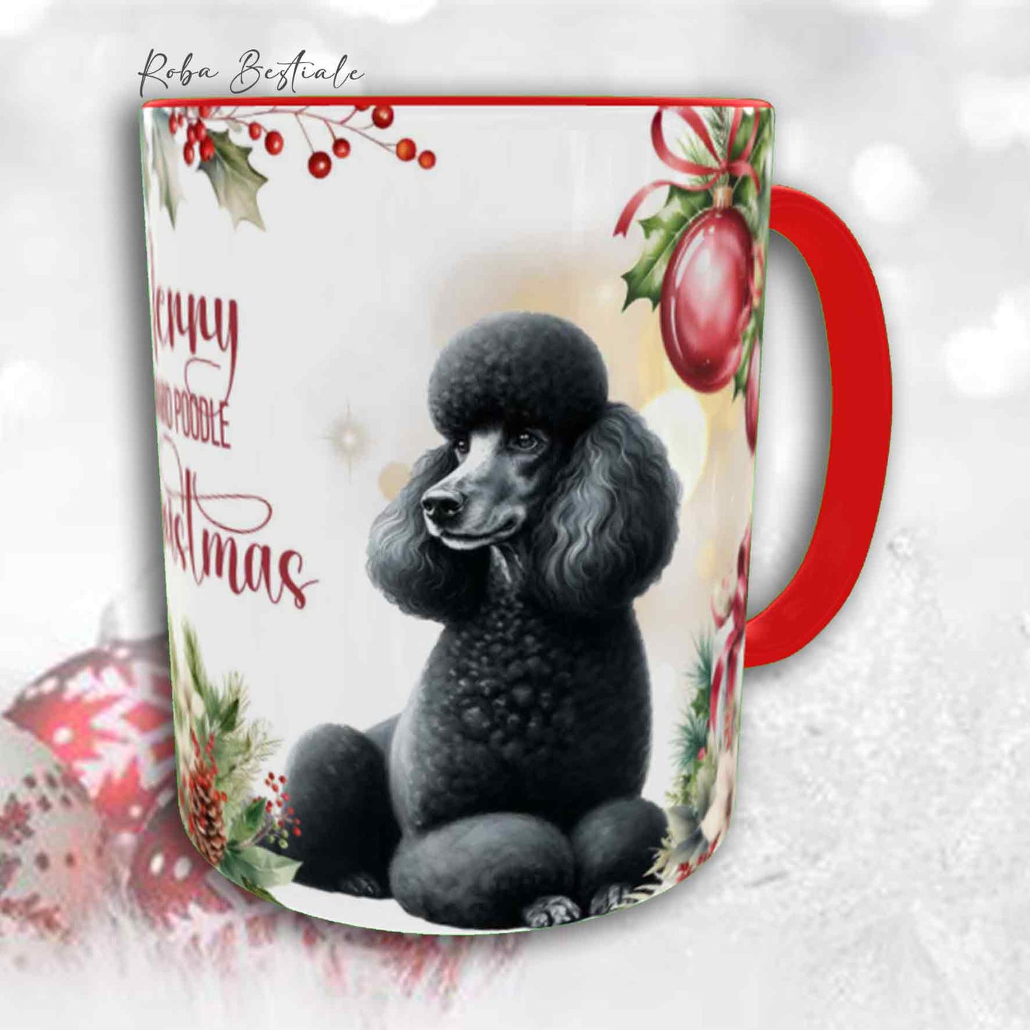 Tazza VINTAGE WINTER - BARBONE Grande Mole Nero - In Ceramica, con dettagli Rossi - 330 ml