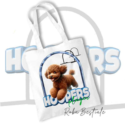 Shopper in tela beige con stampa cane cucciolo e scritta HOOPERS sul davanti