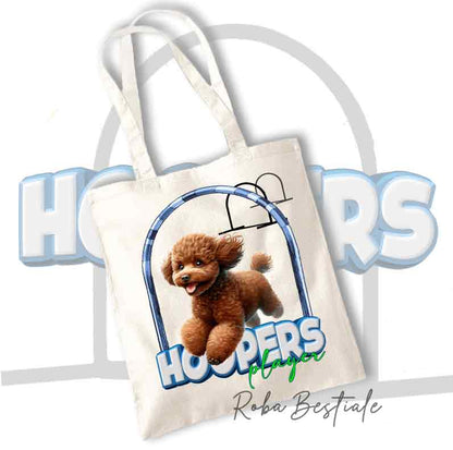 Shopper in tela beige con stampa cane in cerchio blu e testo HOOPERS Player