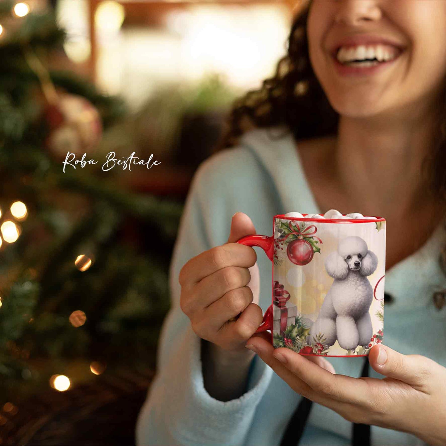 Tazza VINTAGE WINTER - BARBONE Media Mole Bianco - In Ceramica, con dettagli Rossi - 330 ml