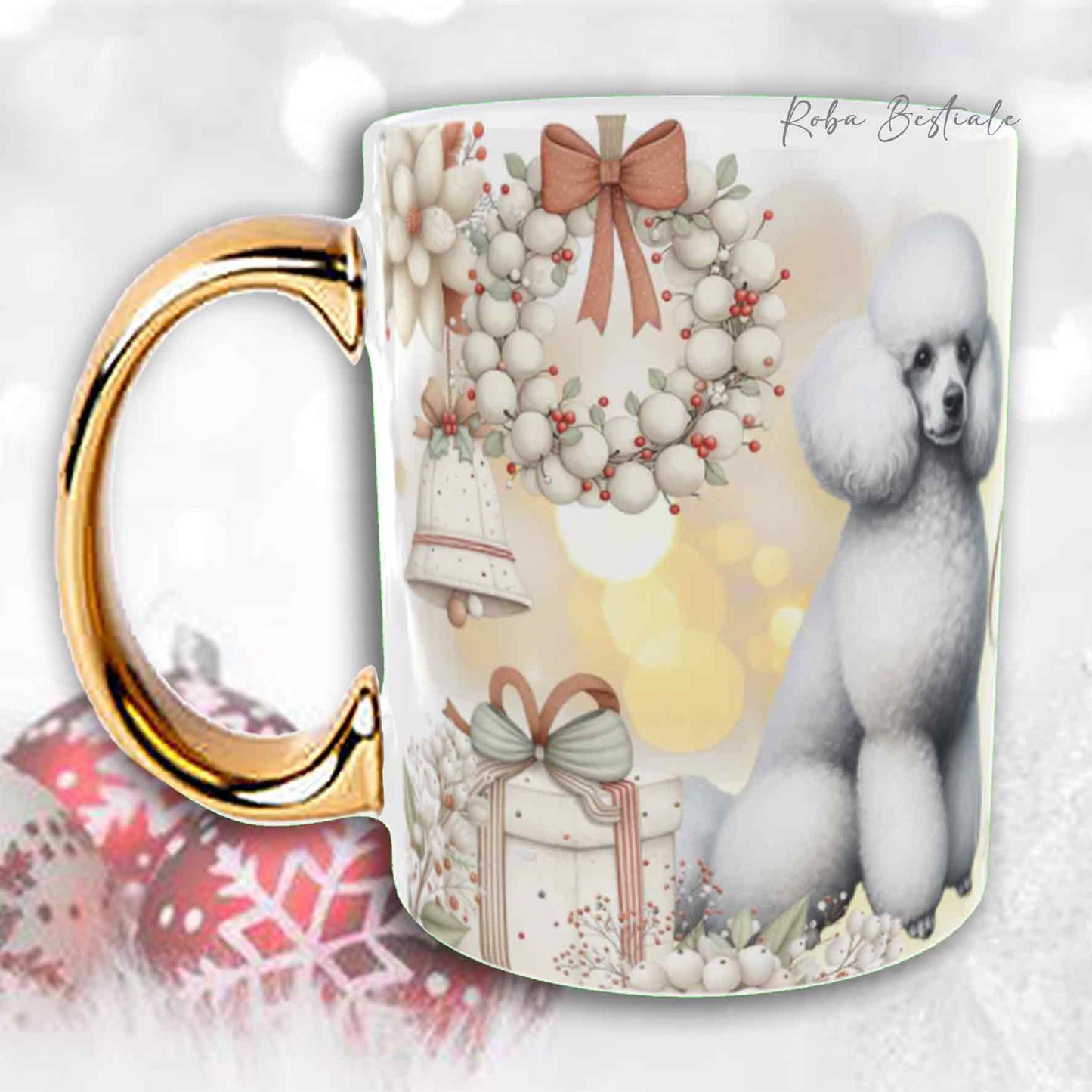 Tazza COZY WINTER - BARBONE Media Mole Bianco - In Ceramica, con manico color Oro - 330 ml