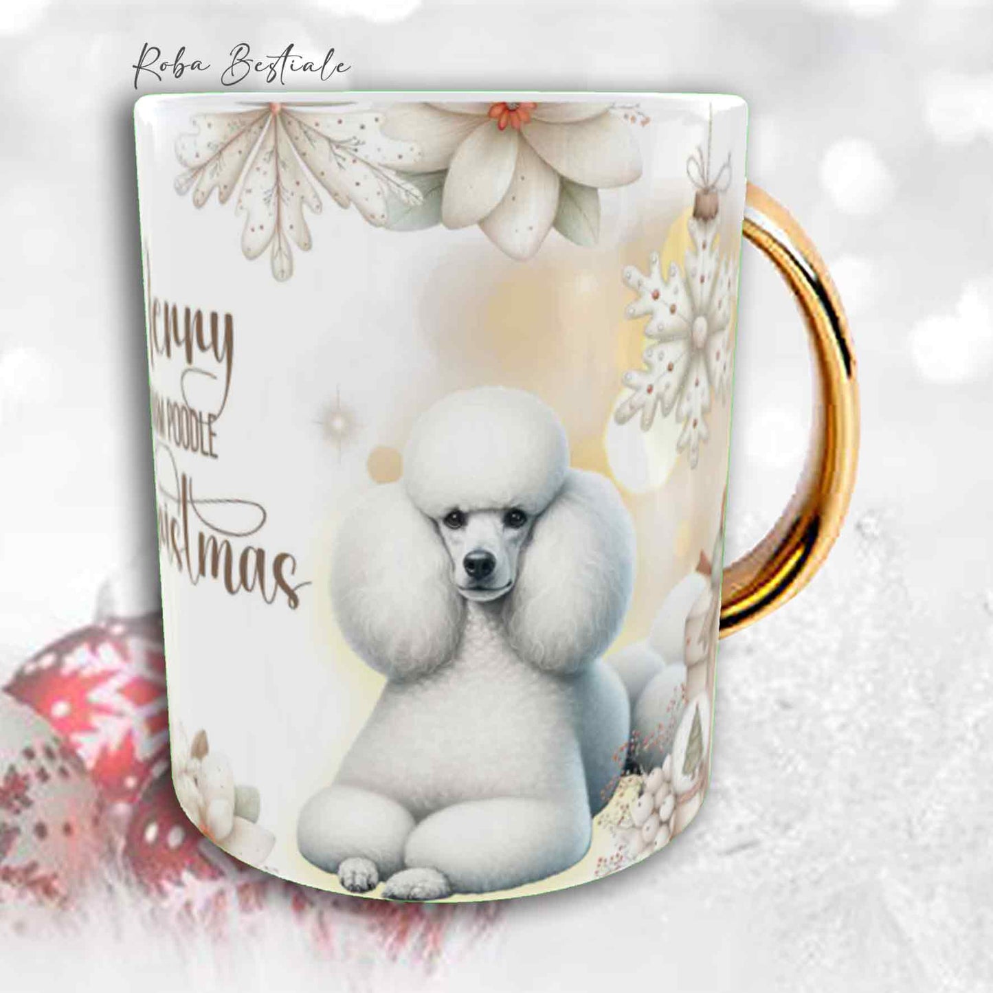 Tazza COZY WINTER - BARBONE Media Mole Bianco - In Ceramica, con manico color Oro - 330 ml
