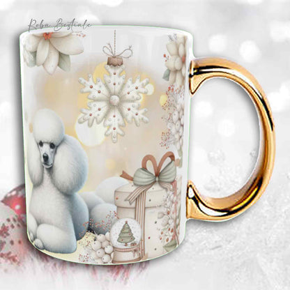 Tazza COZY WINTER - BARBONE Media Mole Bianco - In Ceramica, con manico color Oro - 330 ml