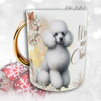 Tazza COZY WINTER - BARBONE Media Mole Bianco - In Ceramica, con manico color Oro - 330 ml