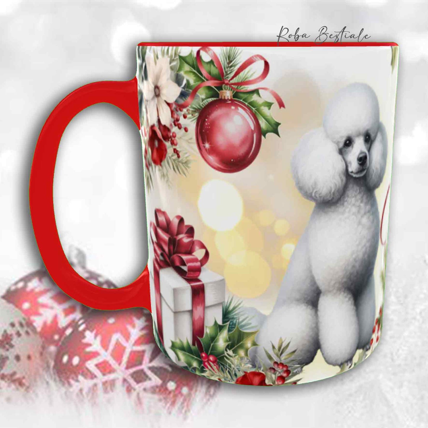 Tazza VINTAGE WINTER - BARBONE Media Mole Bianco - In Ceramica, con dettagli Rossi - 330 ml