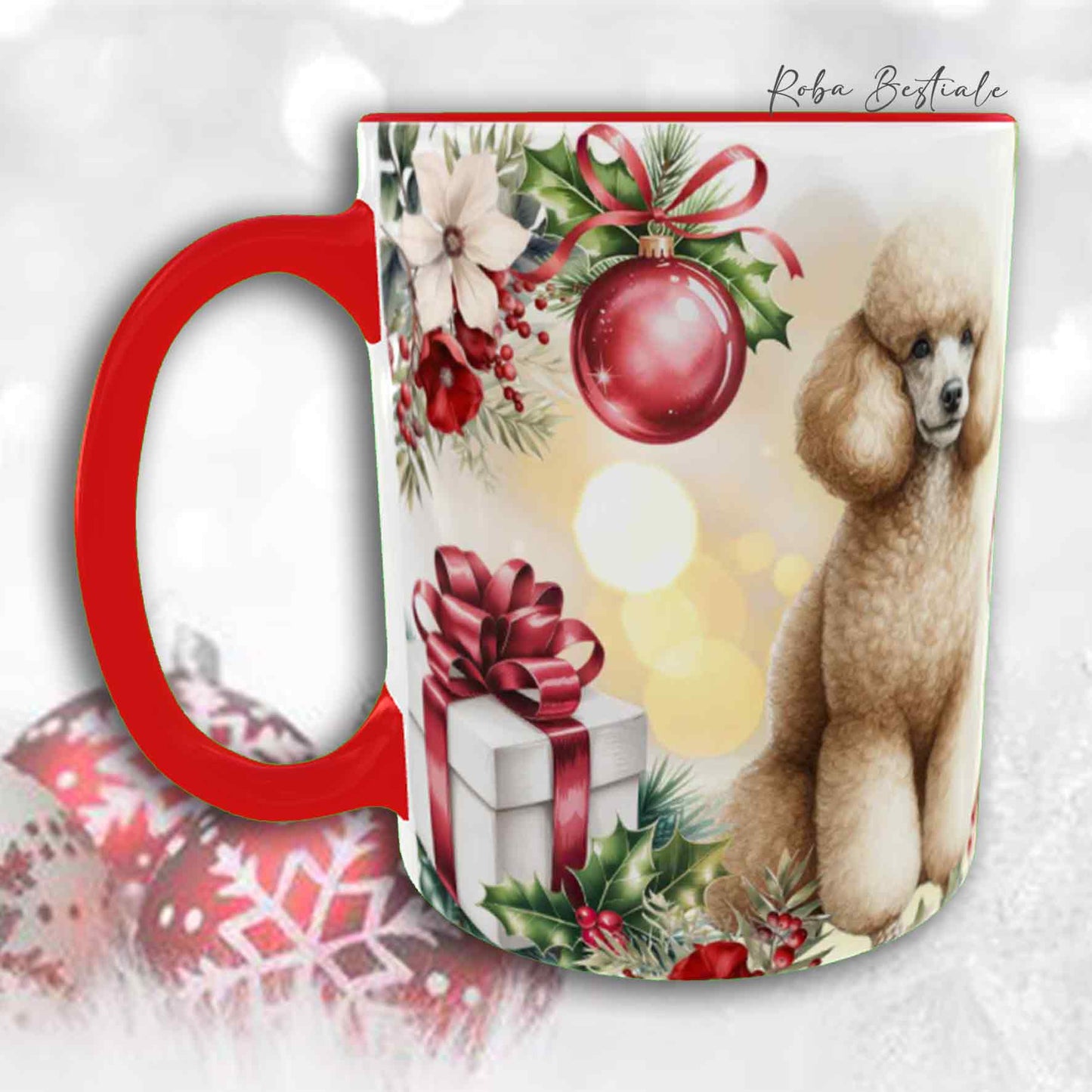 Tazza VINTAGE WINTER - BARBONE Media Mole Fulvo - In Ceramica, con dettagli Rossi - 330 ml