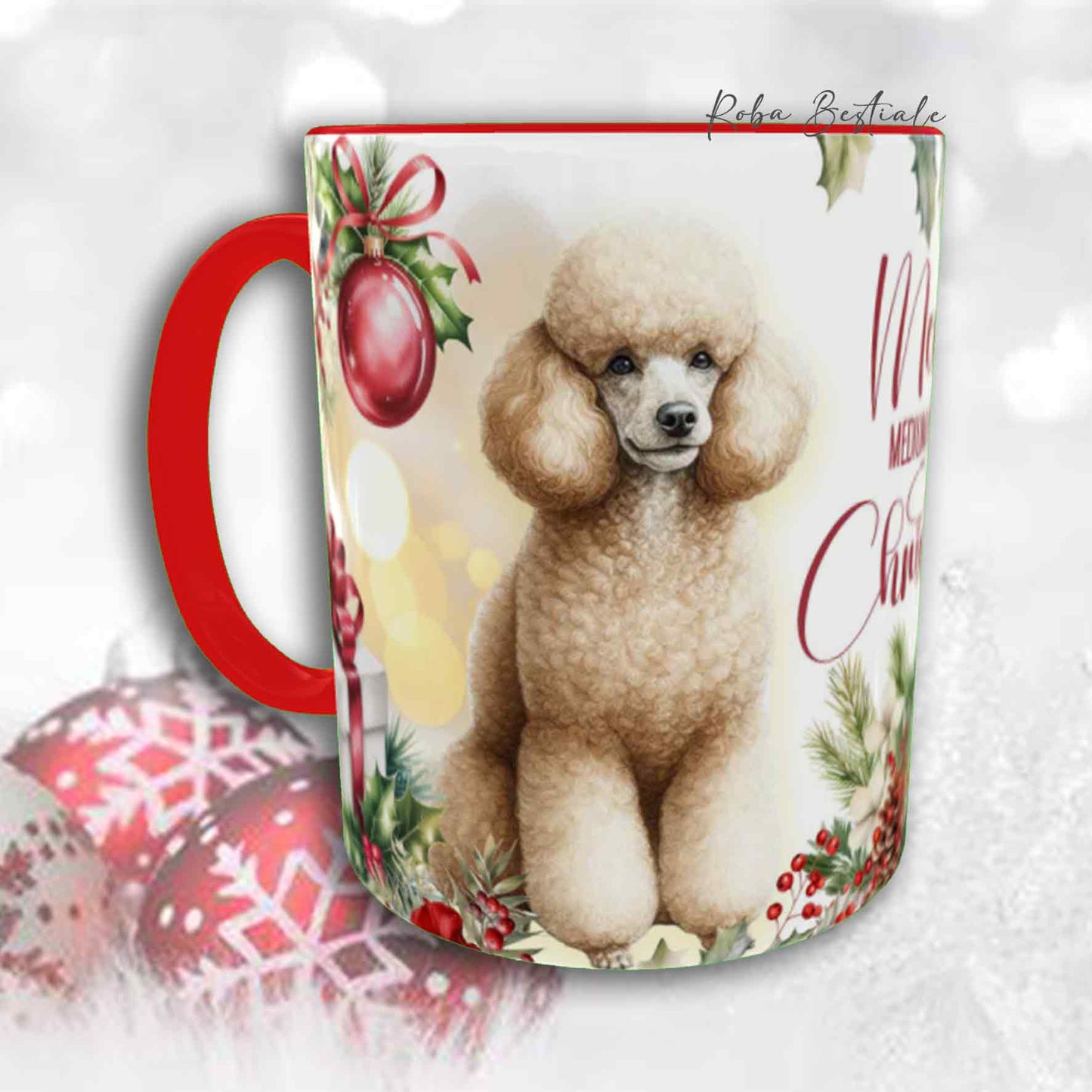 Tazza VINTAGE WINTER - BARBONE Media Mole Fulvo - In Ceramica, con dettagli Rossi - 330 ml