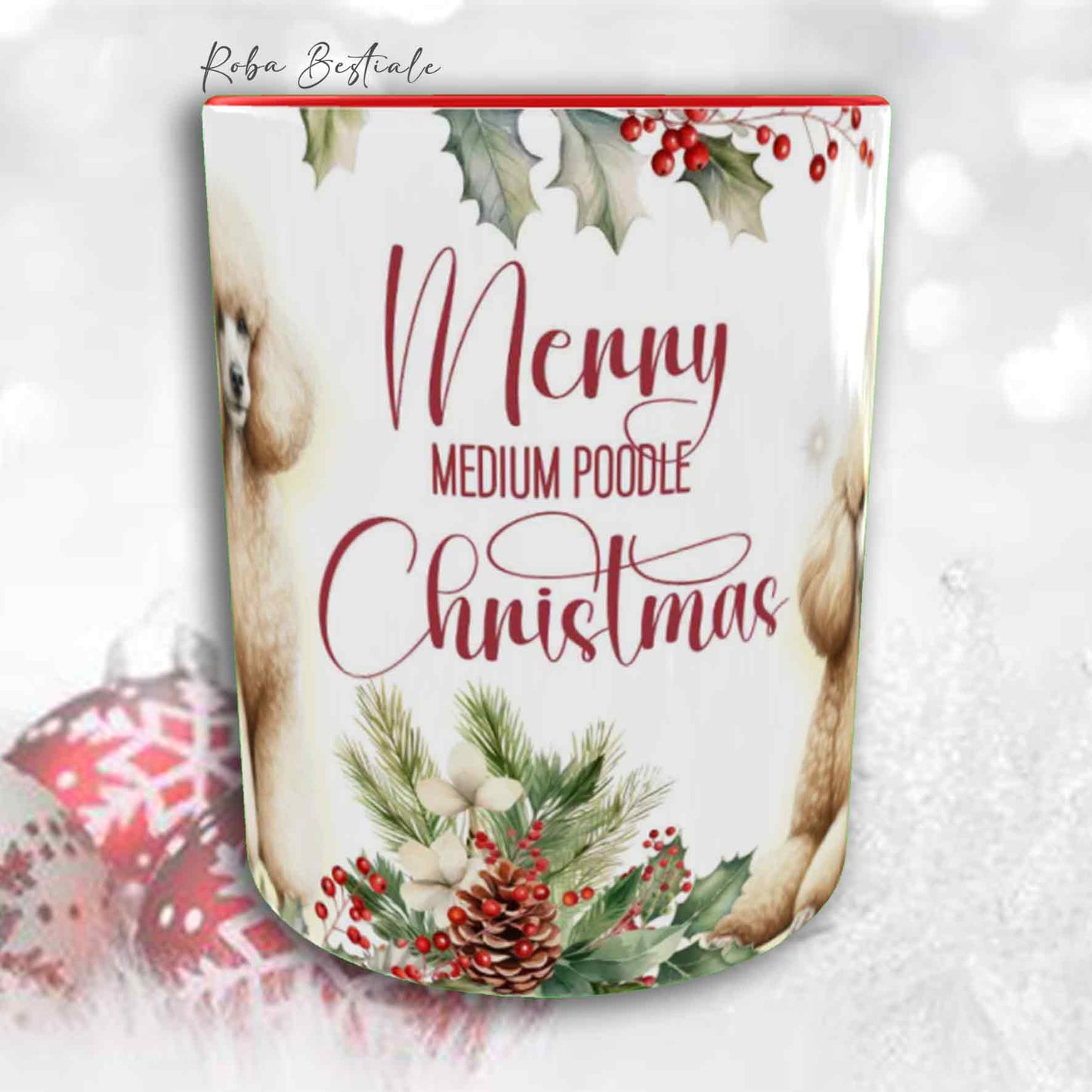 Tazza VINTAGE WINTER - BARBONE Media Mole Fulvo - In Ceramica, con dettagli Rossi - 330 ml