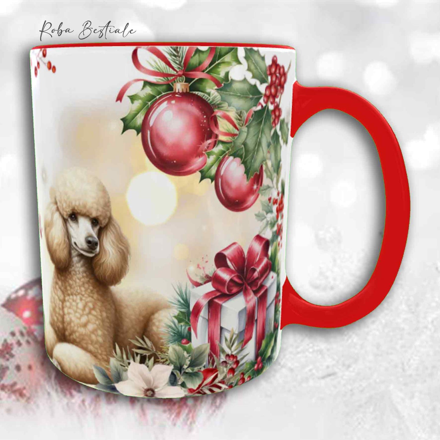 Tazza VINTAGE WINTER - BARBONE Media Mole Fulvo - In Ceramica, con dettagli Rossi - 330 ml