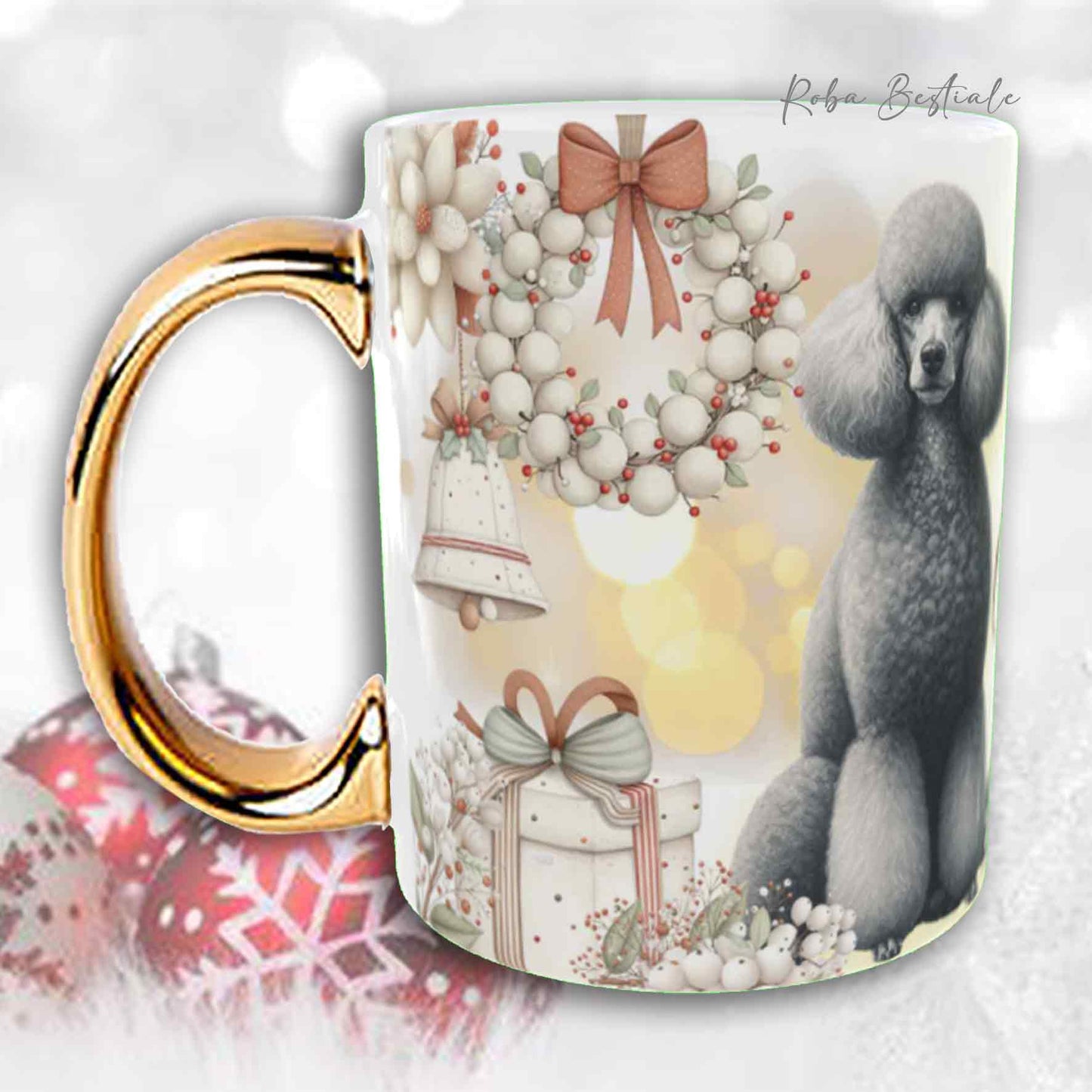 Tazza COZY WINTER - BARBONE Media Mole Grigio Argento - In Ceramica, con manico color Oro - 330 ml