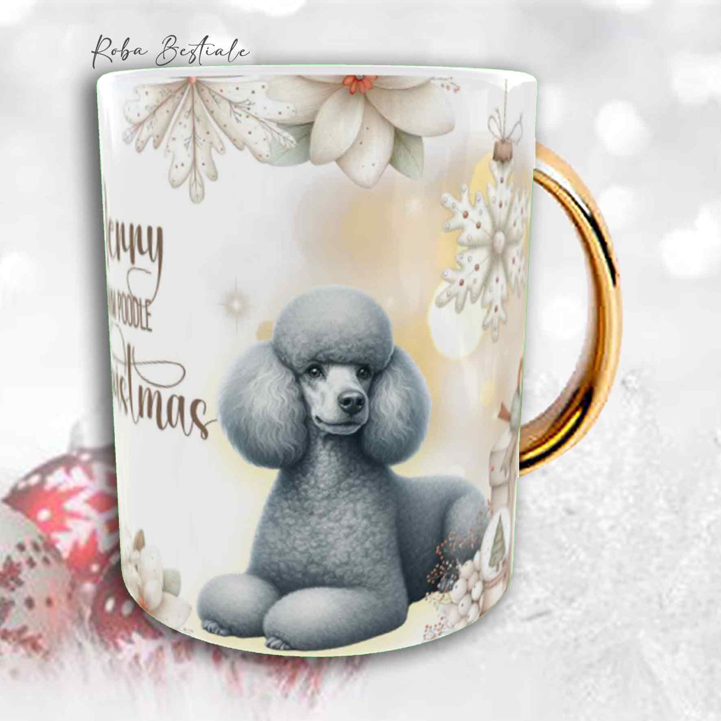 Tazza COZY WINTER - BARBONE Media Mole Grigio Argento - In Ceramica, con manico color Oro - 330 ml