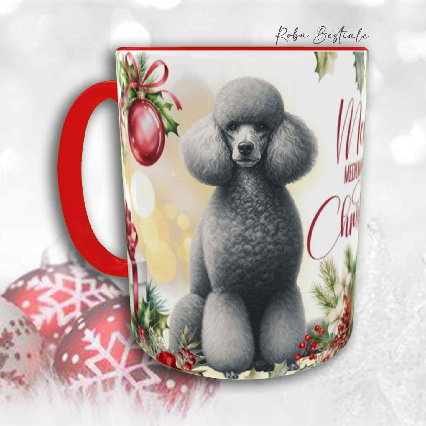 Tazza VINTAGE WINTER - BARBONE Media Mole Grigio Argento - In Ceramica, con dettagli Rossi - 330 ml