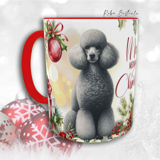 Tazza VINTAGE WINTER - BARBONE Media Mole Grigio Argento - In Ceramica, con dettagli Rossi - 330 ml