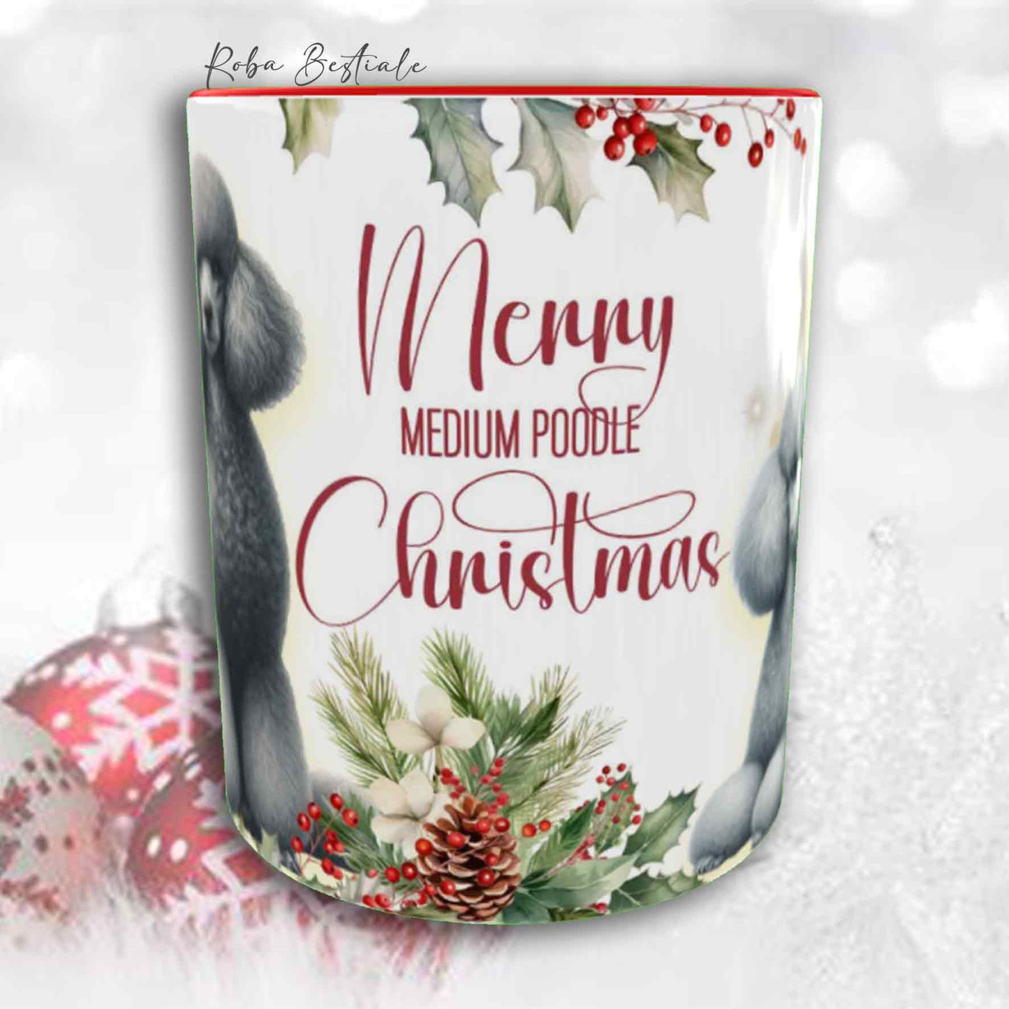 Tazza VINTAGE WINTER - BARBONE Media Mole Grigio Argento - In Ceramica, con dettagli Rossi - 330 ml