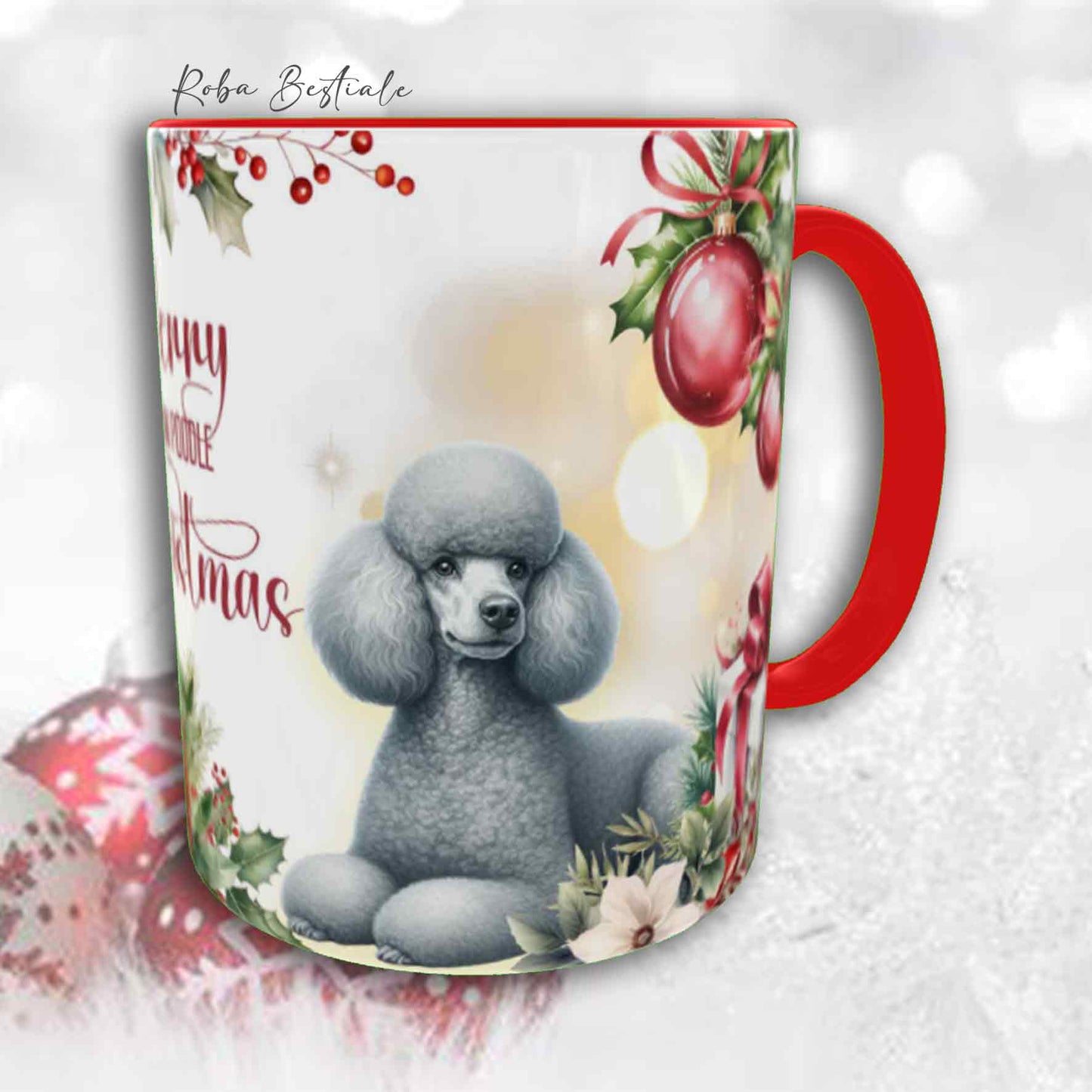 Tazza VINTAGE WINTER - BARBONE Media Mole Grigio Argento - In Ceramica, con dettagli Rossi - 330 ml