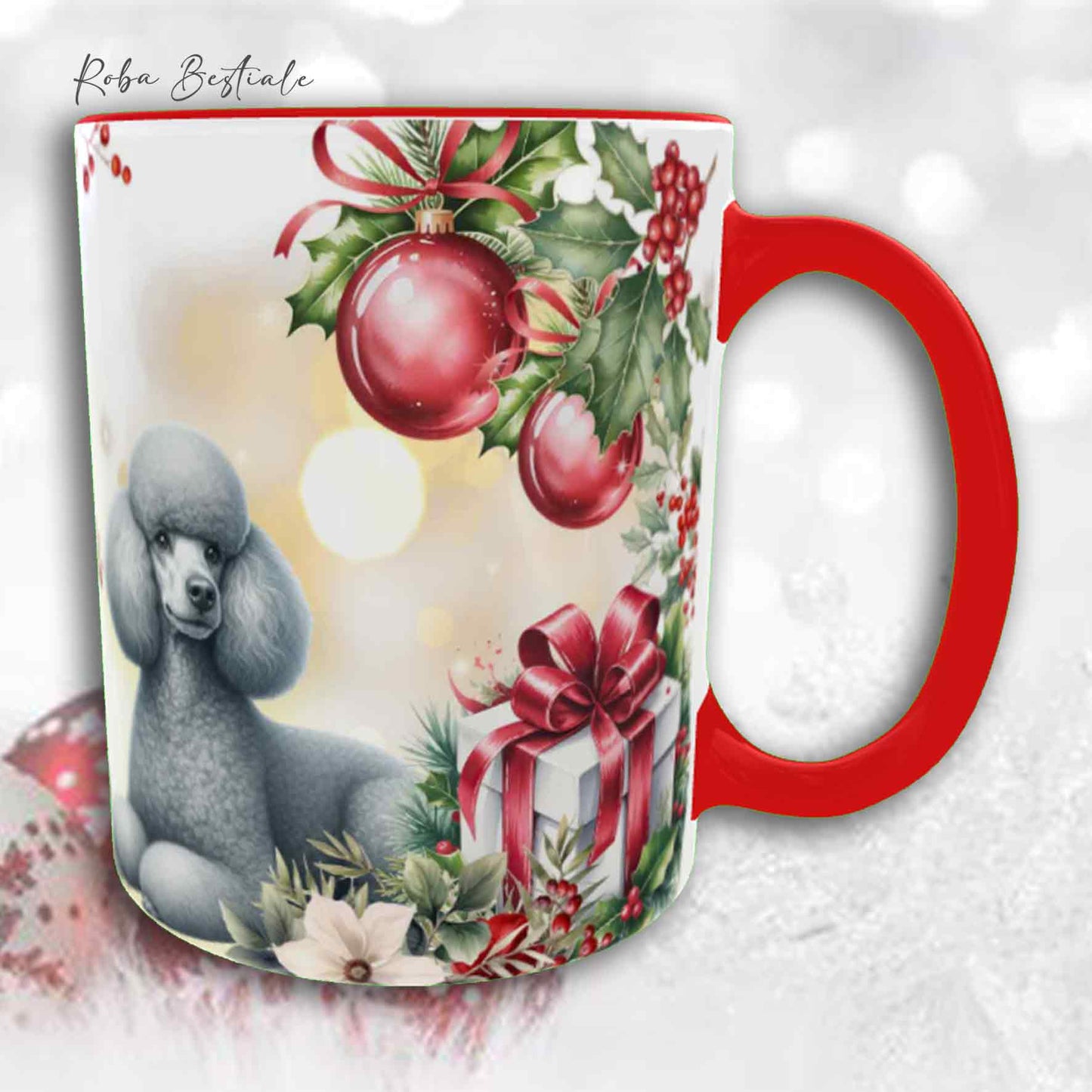 Tazza VINTAGE WINTER - BARBONE Media Mole Grigio Argento - In Ceramica, con dettagli Rossi - 330 ml