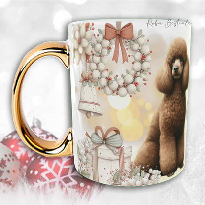 Tazza COZY WINTER - BARBONE Media Mole Marrone - In Ceramica, con manico color Oro - 330 ml