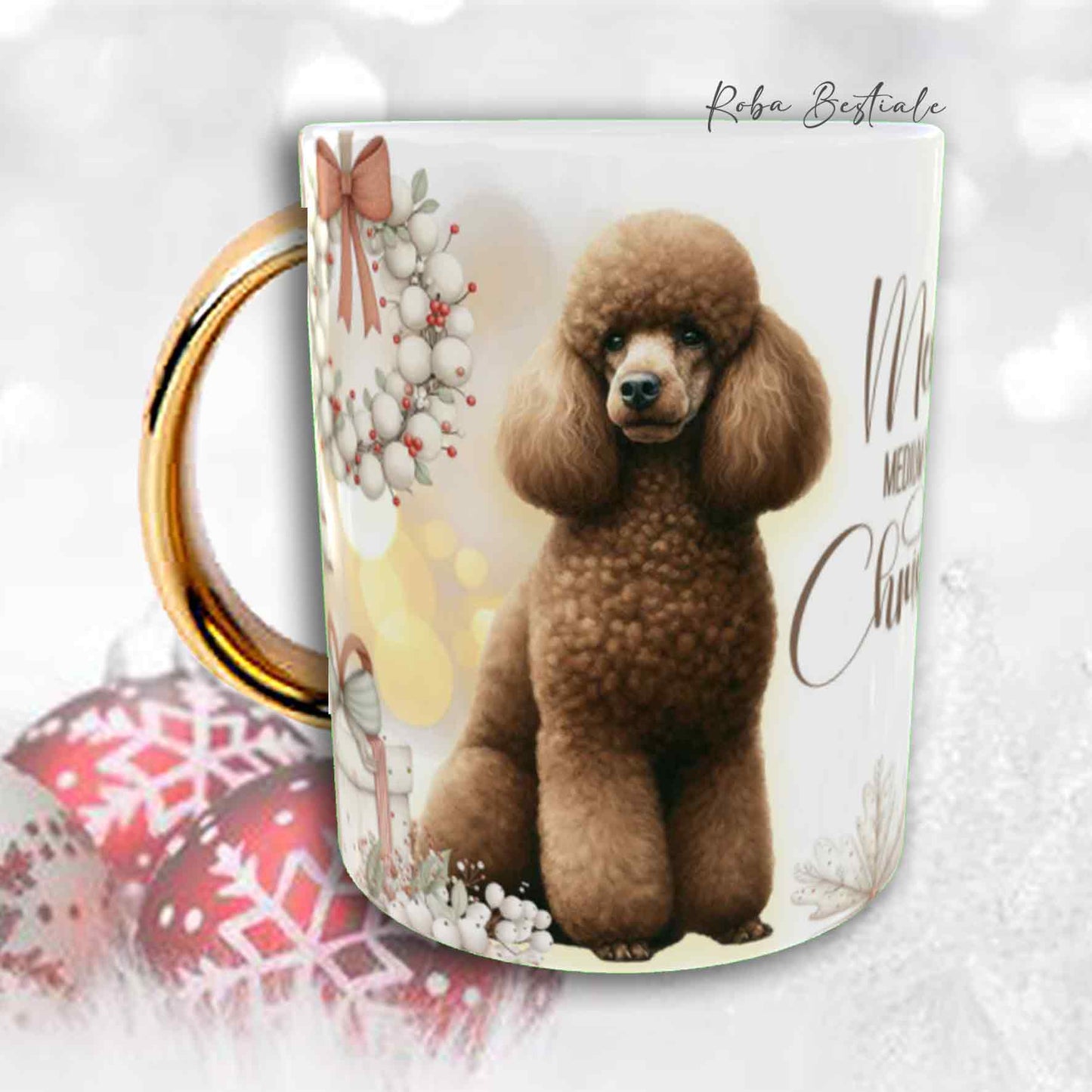 Tazza COZY WINTER - BARBONE Media Mole Marrone - In Ceramica, con manico color Oro - 330 ml
