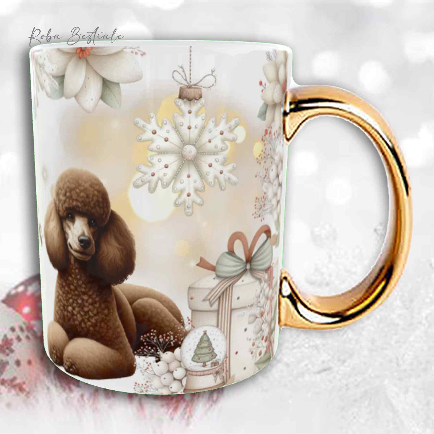 Tazza COZY WINTER - BARBONE Media Mole Marrone - In Ceramica, con manico color Oro - 330 ml
