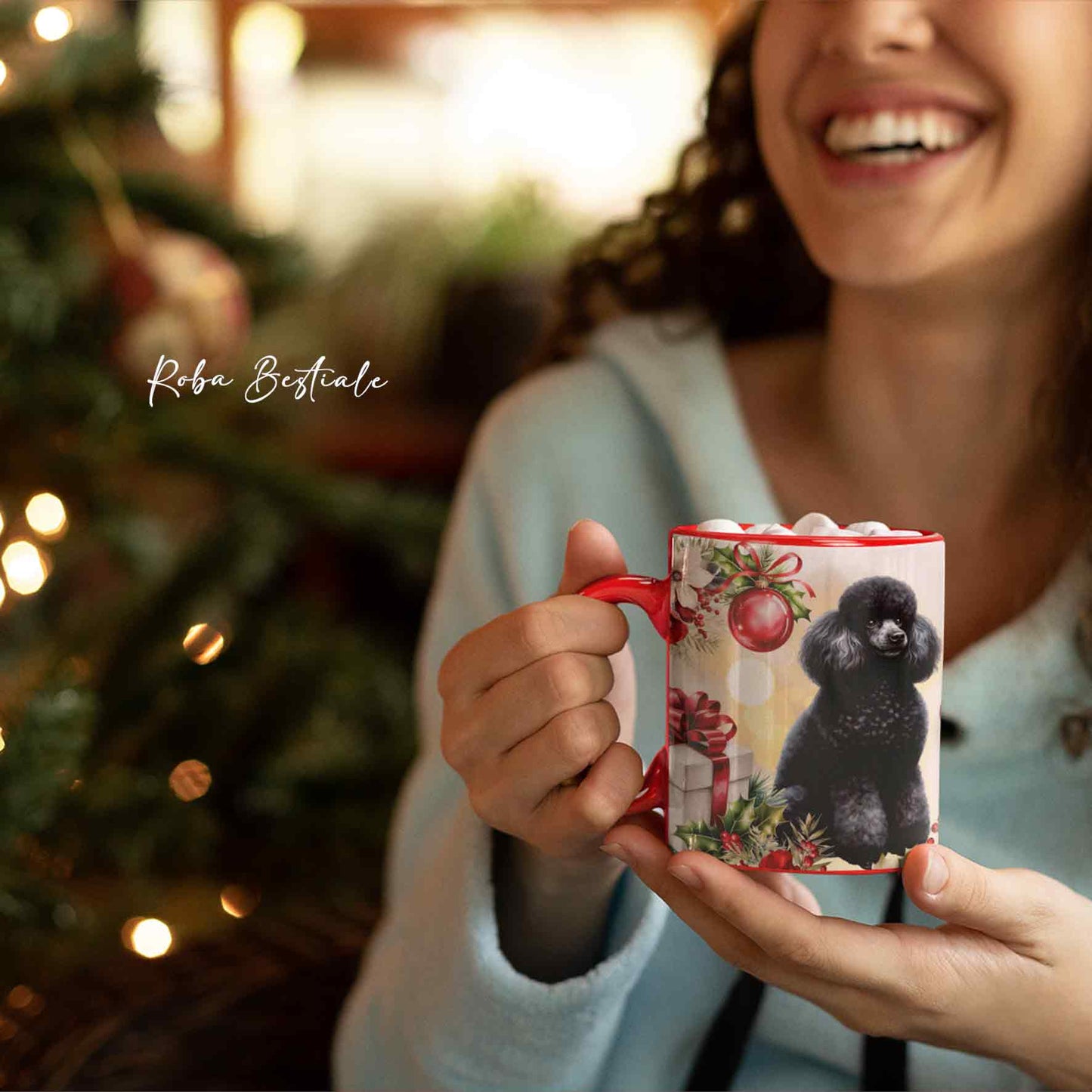 Tazza VINTAGE WINTER - BARBONE Media Mole Nero - In Ceramica, con dettagli Rossi - 330 ml