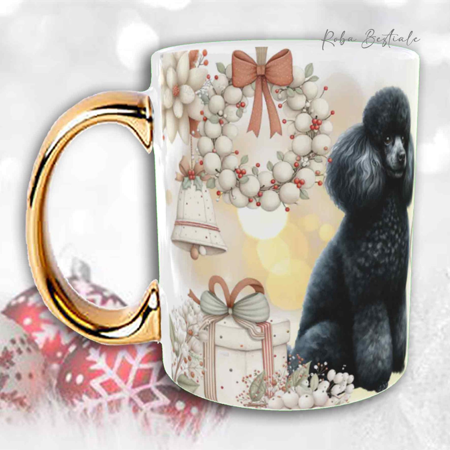 Tazza COZY WINTER - BARBONE Media Mole Nero - In Ceramica, con manico color Oro - 330 ml