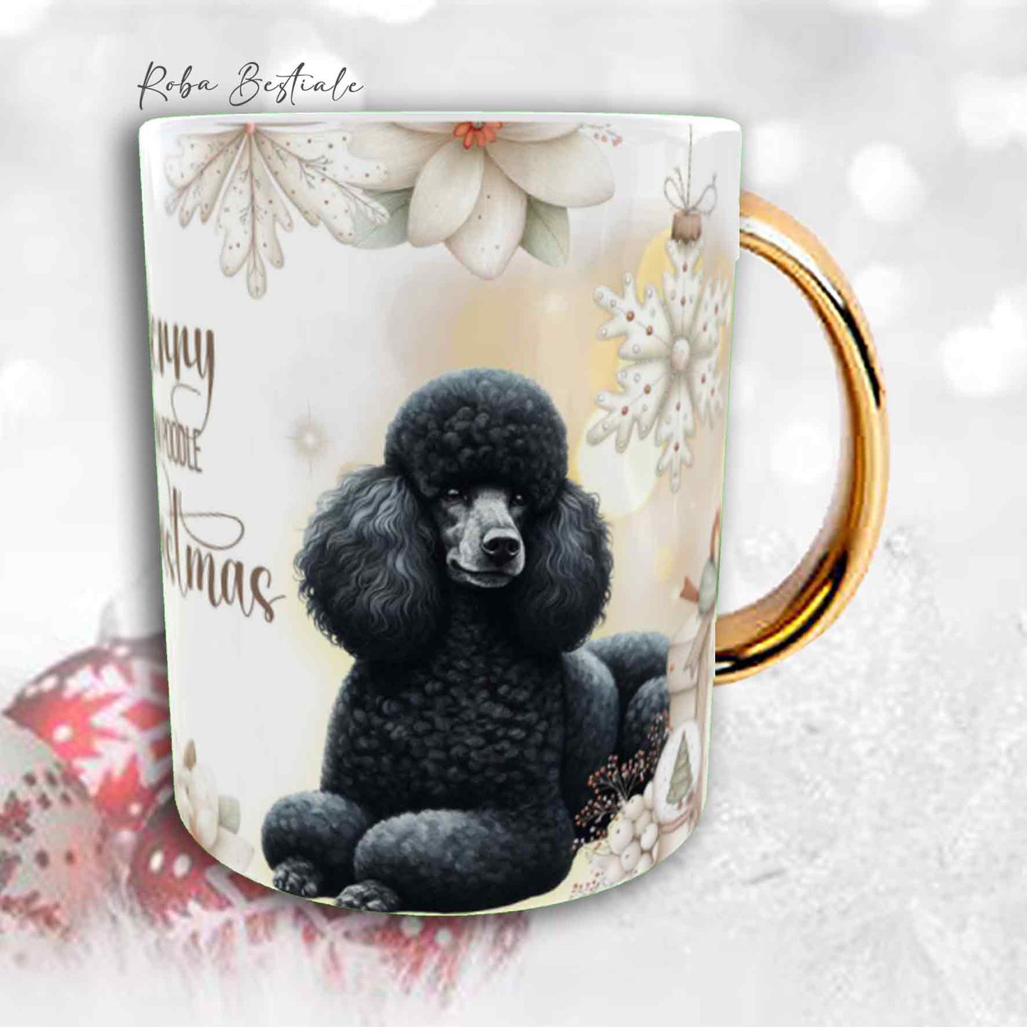 Tazza COZY WINTER - BARBONE Media Mole Nero - In Ceramica, con manico color Oro - 330 ml