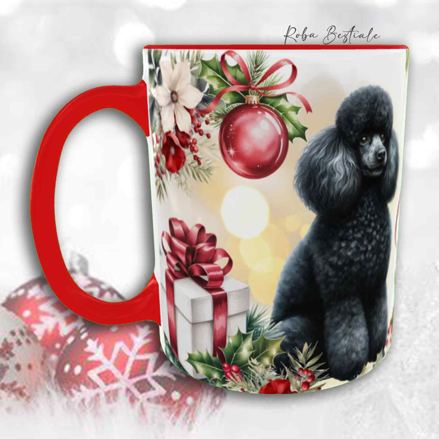 Tazza VINTAGE WINTER - BARBONE Media Mole Nero - In Ceramica, con dettagli Rossi - 330 ml