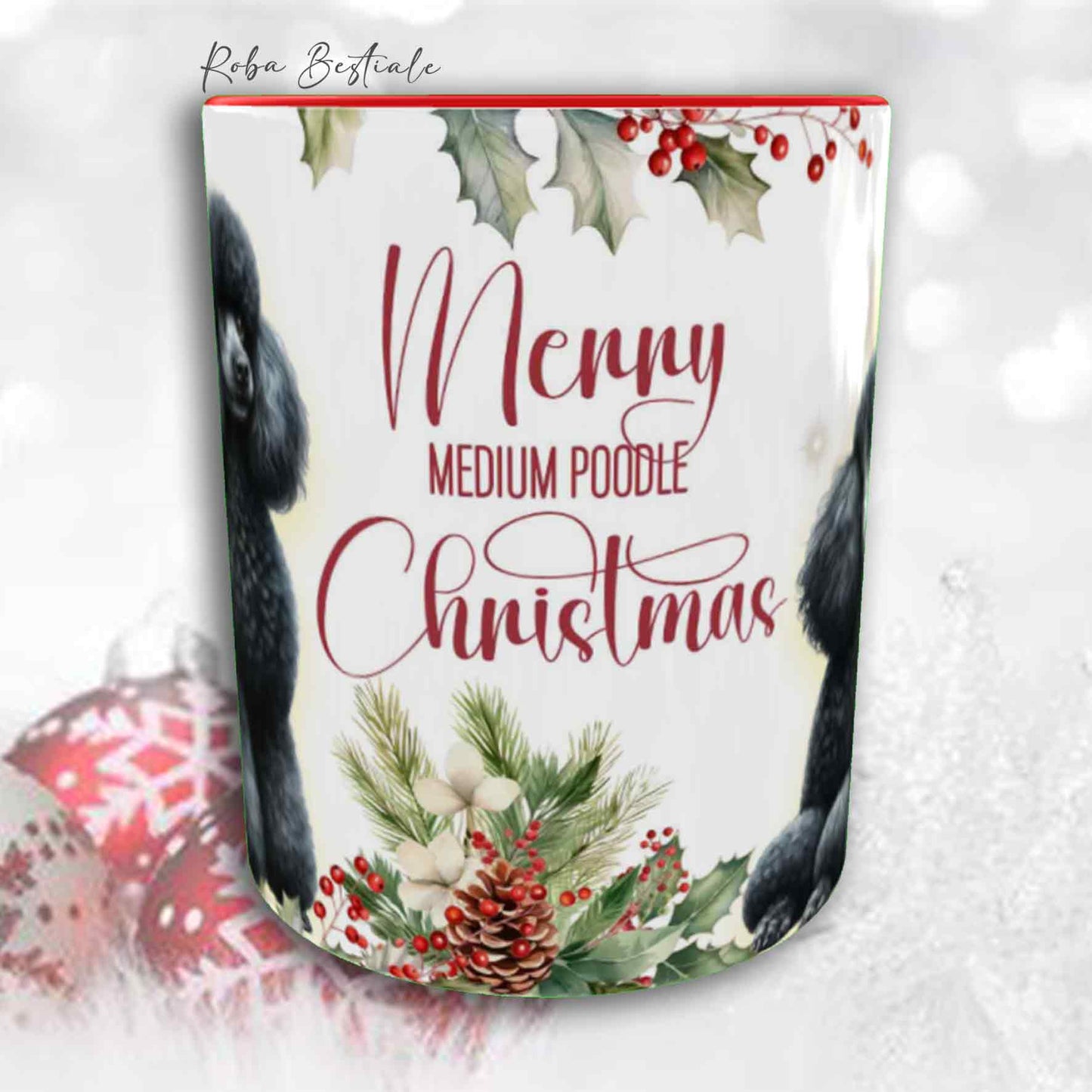 Tazza VINTAGE WINTER - BARBONE Media Mole Nero - In Ceramica, con dettagli Rossi - 330 ml