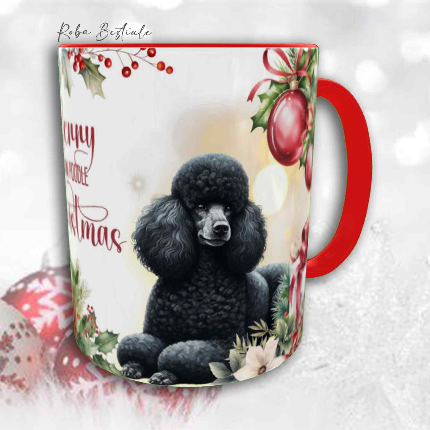 Tazza VINTAGE WINTER - BARBONE Media Mole Nero - In Ceramica, con dettagli Rossi - 330 ml