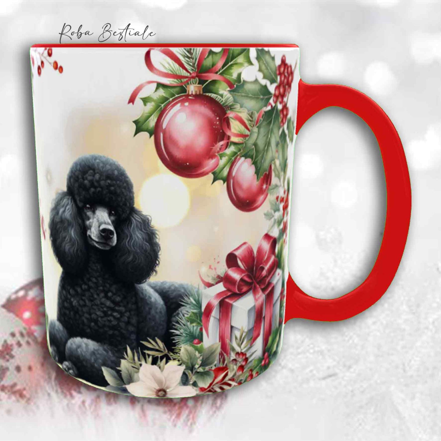 Tazza VINTAGE WINTER - BARBONE Media Mole Nero - In Ceramica, con dettagli Rossi - 330 ml