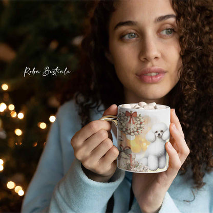 Tazza COZY WINTER - BARBONE Nano Bianco - In Ceramica, con manico color Oro - 330 ml