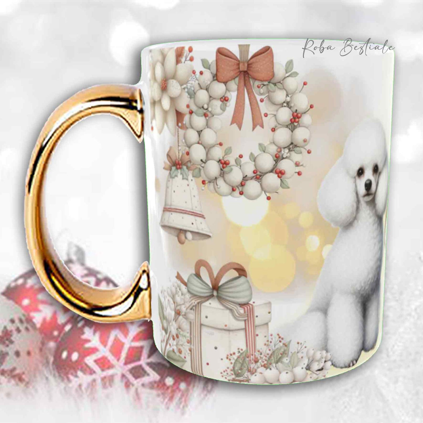 Tazza COZY WINTER - BARBONE Nano Bianco - In Ceramica, con manico color Oro - 330 ml