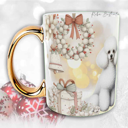 Tazza COZY WINTER - BARBONE Nano Bianco - In Ceramica, con manico color Oro - 330 ml