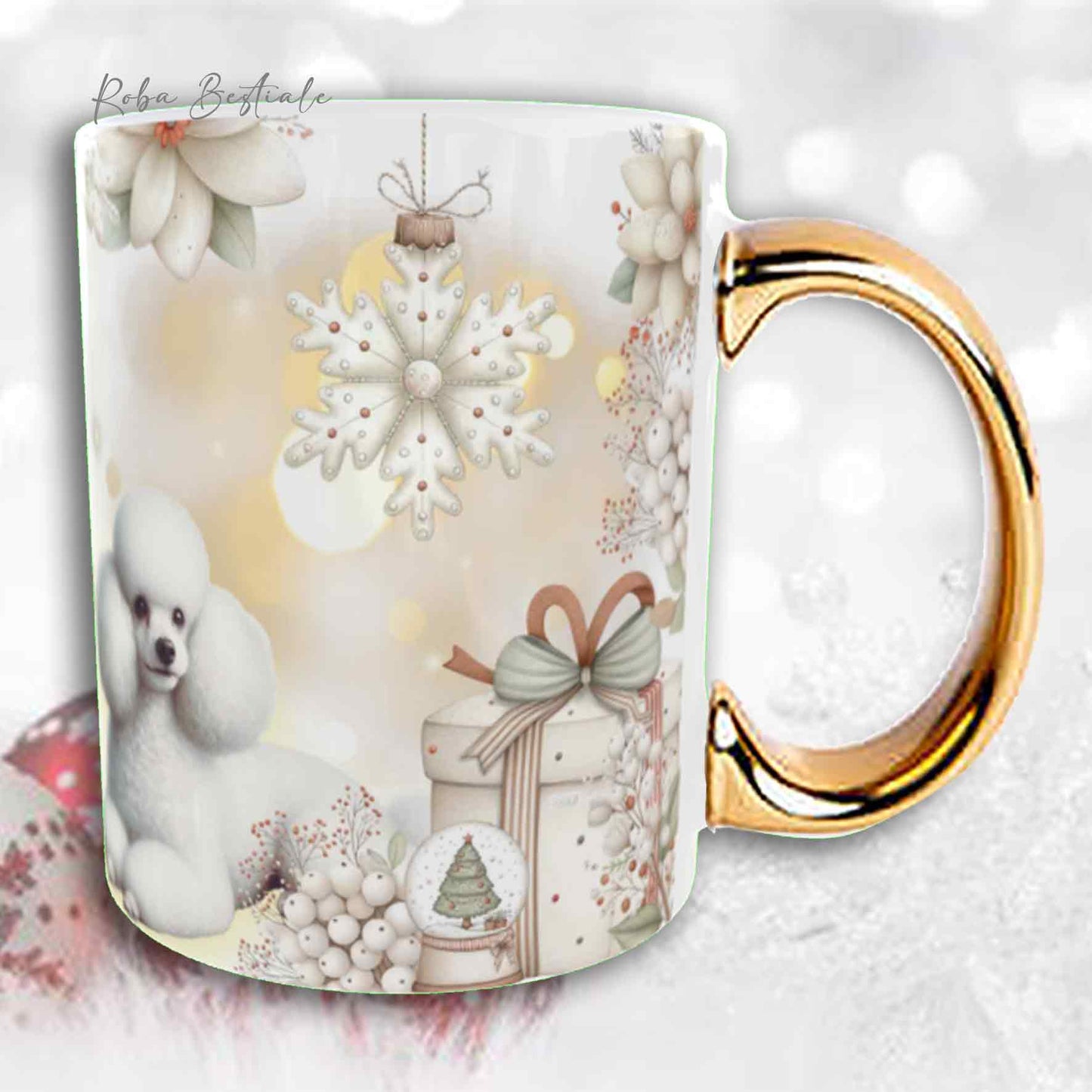 Tazza COZY WINTER - BARBONE Nano Bianco - In Ceramica, con manico color Oro - 330 ml
