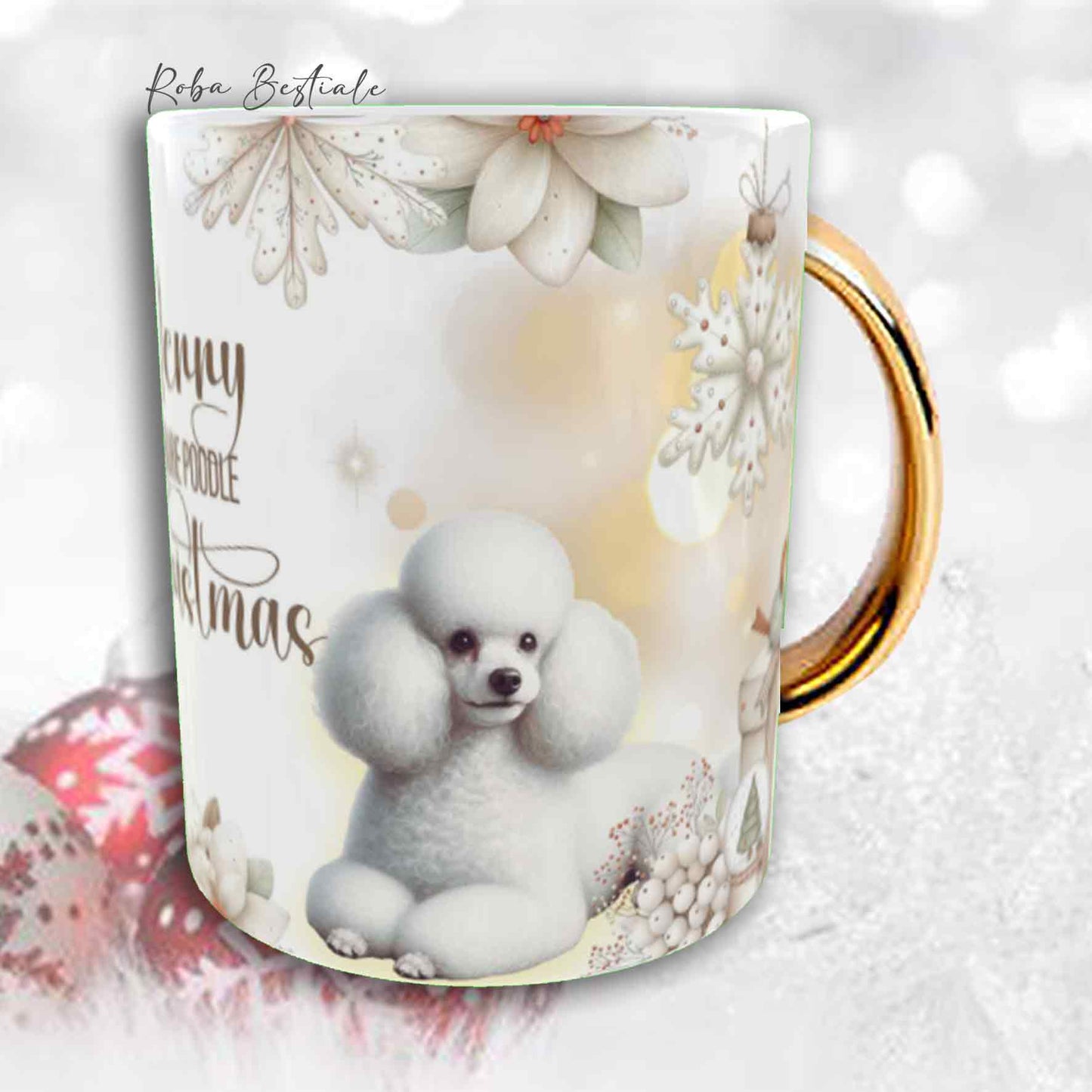 Tazza COZY WINTER - BARBONE Nano Bianco - In Ceramica, con manico color Oro - 330 ml