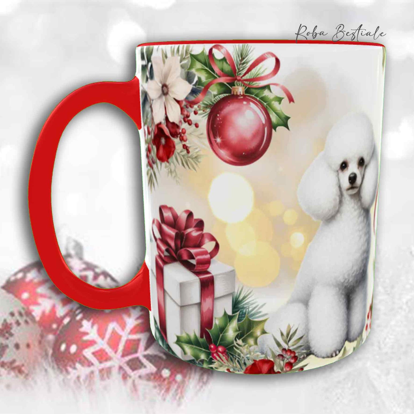 Tazza VINTAGE WINTER - BARBONE Nano Bianco - In Ceramica, con dettagli Rossi - 330 ml