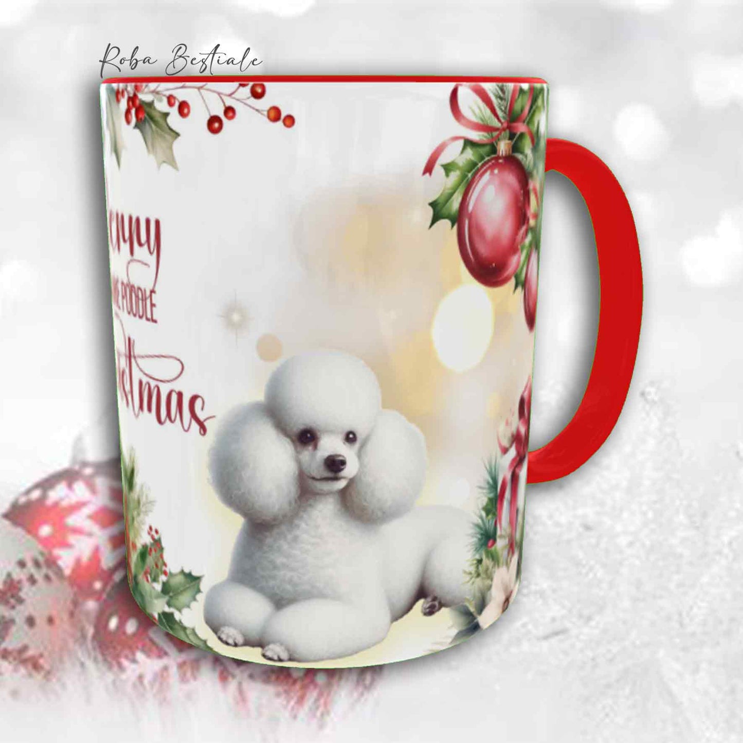 Tazza VINTAGE WINTER - BARBONE Nano Bianco - In Ceramica, con dettagli Rossi - 330 ml