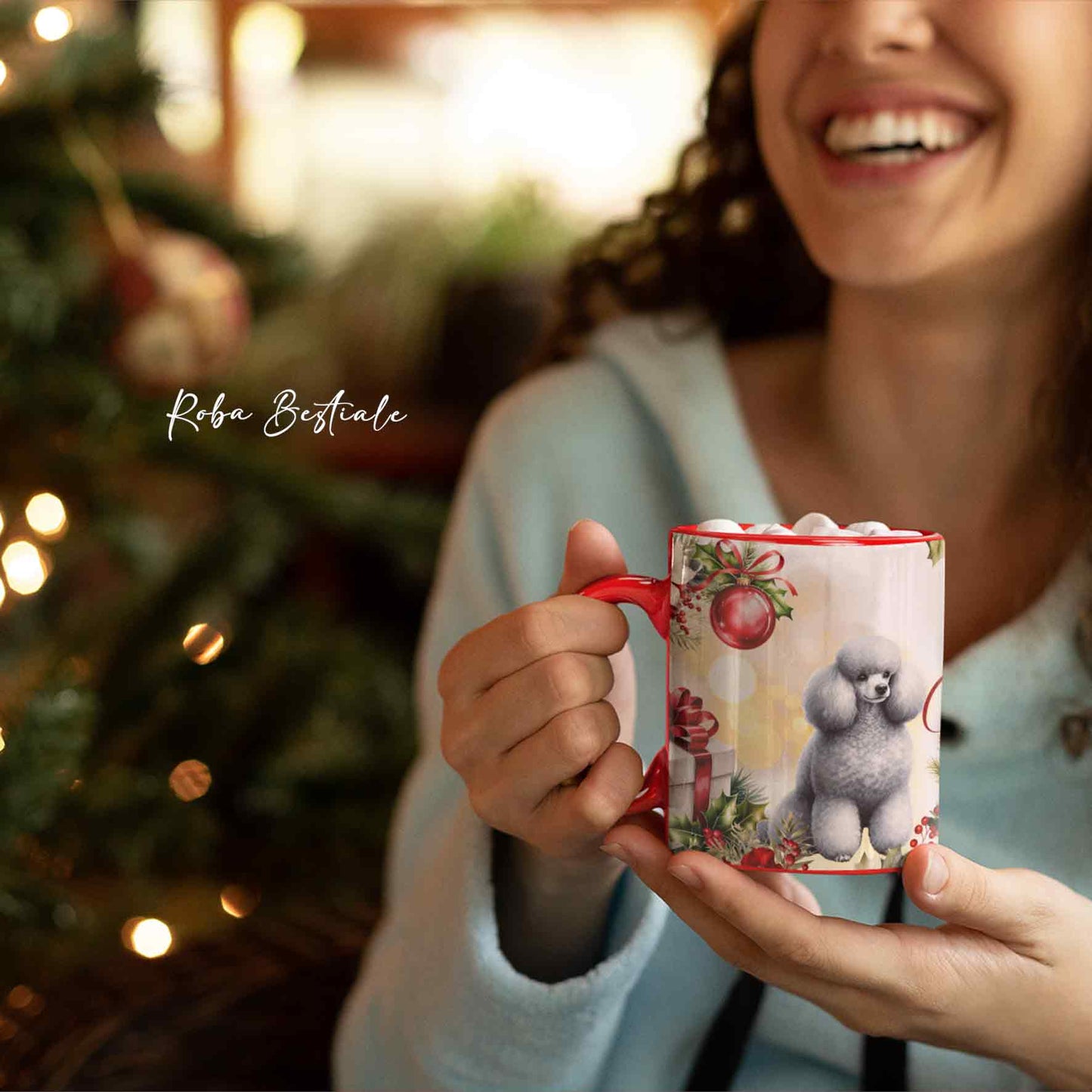 Tazza VINTAGE WINTER - BARBONE Nano Grigio Argento - In Ceramica, con dettagli Rossi - 330 ml